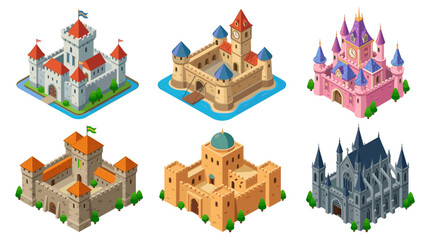 Obraz premium Fantasy Castles and Medieval Fortress Isometric Vector Illustration Set