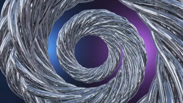 Abstract swirling metallic rope forms a hypnotic vortex spiral with captivating purple and blue spectral illumination and a sense of endless depth creating mesmerizing visual intrigue