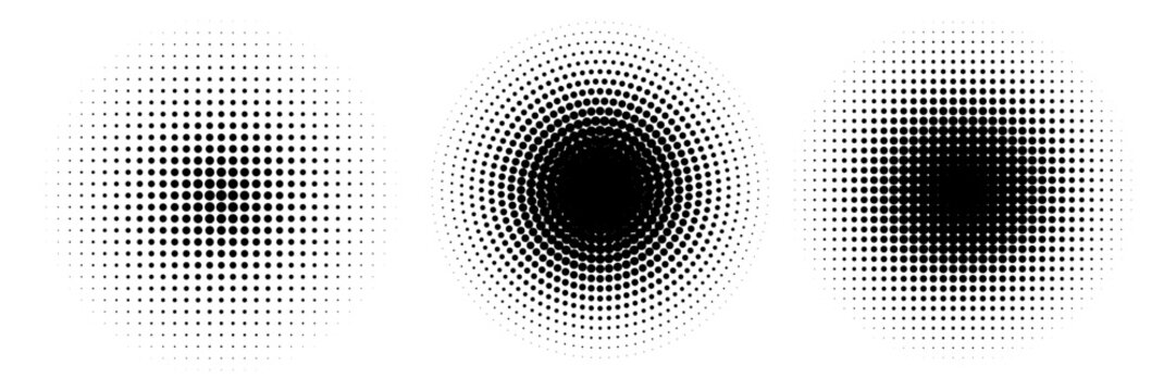 Halftone gradient circles collection. Dots textured round patterns. Cartoon comic radial faded background set. Abstract pixelated elements for frame  poster  collage  banner  flyer. Vector bundle