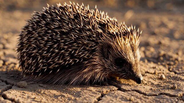 Small hedgehog on dry cracked earth