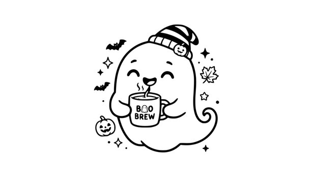 Kawaii ghost drinking coffee vector illustration isolated on white background