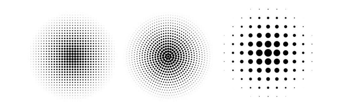 Halftone gradient circles collection. Dots textured round patterns. Cartoon comic radial faded background set. Abstract pixelated elements for frame  poster  collage  banner  flyer. Vector bundle