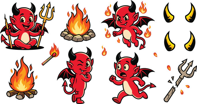Cute Red Devil Cartoon Character Vector Illustration Set with Pitchfork Bonfire Matchstick Devil Horns and Wings for Halloween and Mascot Design