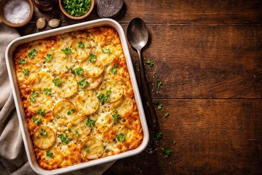 Top perspective of baked scalloped potatoes with melted cheese and parsley leaves and blank copy space