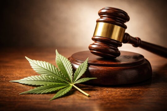 Representation of felony possession law change with cannabis leaf and gavel on simple copy space background