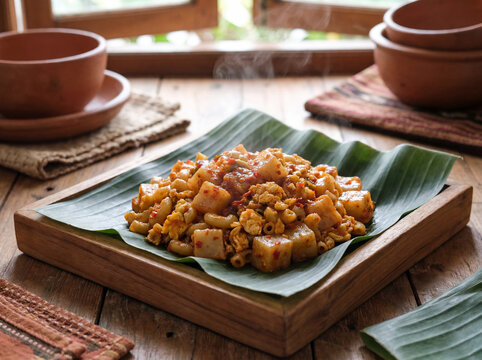 Authentic Indonesian Cilor street food served on banana leaf