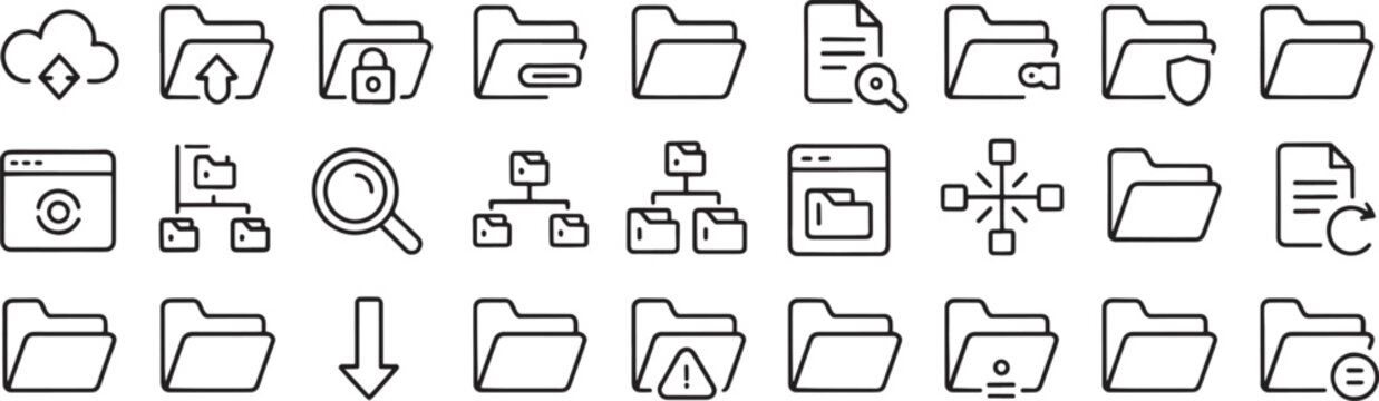 Folder icons representing digital file management and data storage systems are arranged in a clean grid to help organize professional documents, secure cloud storage, and network directories.