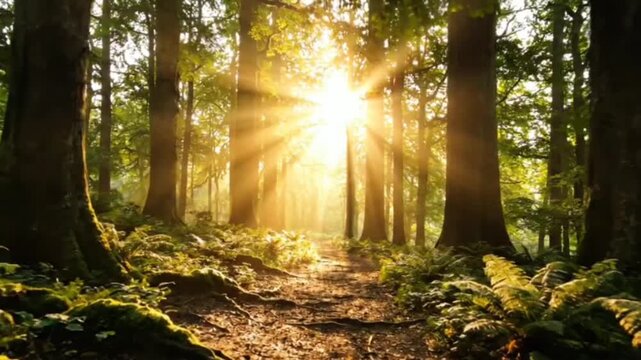 Sunlight streams through lush green forest trees, illuminating a winding dirt path, creating a magical and serene atmosphere, perfect for nature-themed video projects.