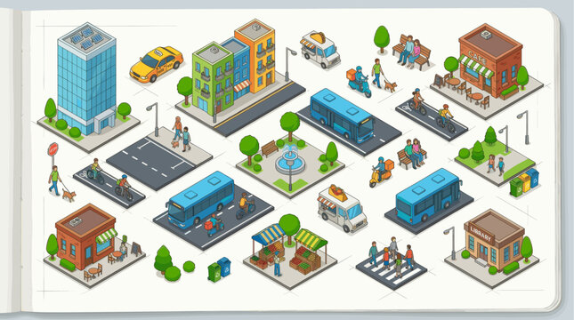 City Life and Urban Transportation Isometric Vector Illustration Map