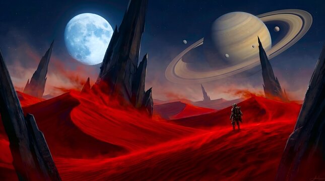 Astronaut on a red alien desert planet with a large moon and ringed planet in the dark sky, surrounded by sharp rock formations, digital illustration.