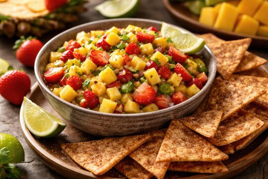 A refreshing blend of fruit salsa with diced mango pineapple and strawberries accompanied by cinnamon coated tortilla chips