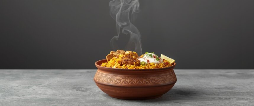 Clay vessel serving chicken biriyani with cumin infused rice and spices complemented by raitha and lemon pickle on neutral grey background with copy space