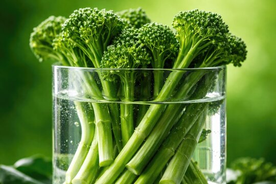 Close up of fresh broccolini stems in a water filled glass container with a smooth green background emphasizing freshness