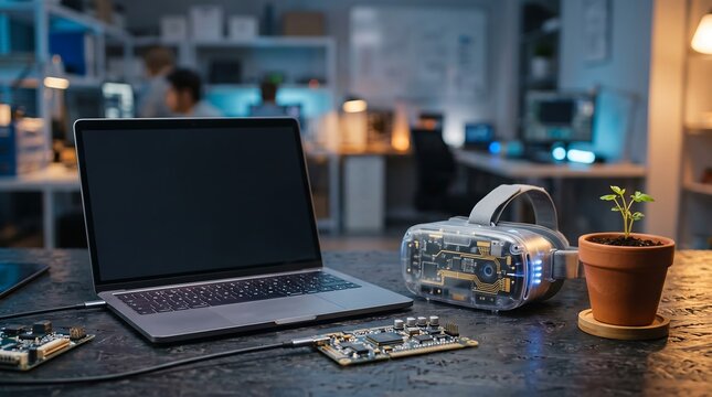 Dedicated workspace for tech innovation, featuring a modern laptop, a sophisticated virtual reality headset, and electronic components for groundbreaking development