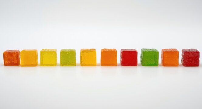 Brightly colored square gummy candies lined up on a clean white backdrop featuring multiple vivid colors