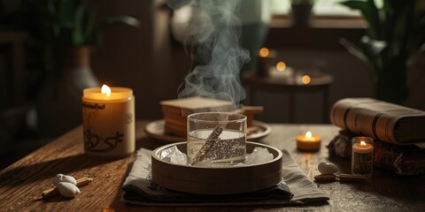 Fototapeta premium Crystal Cleansing Ceremony with Palo Santo Cozy Home Setting, Warm Light, Soft Smoke