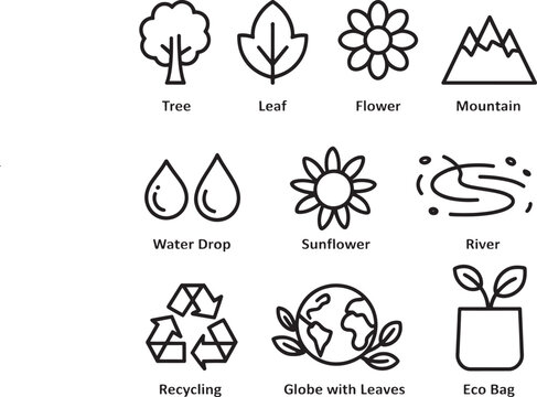Icons representing various natural elements and sustainability concepts are arranged in a grid format to provide a comprehensive visual guide for eco-friendly practices and environmental awareness.