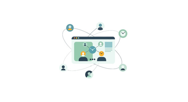 Global Virtual Team Collaboration and Remote Work Flat Vector Illustration with Network Connections and Time Management Icons