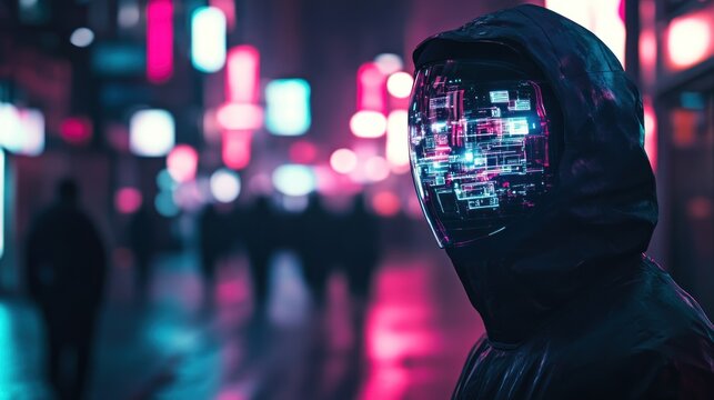 Person with digital visor on city street at night