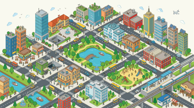 City Life and Urban Transportation Isometric Vector Illustration Map