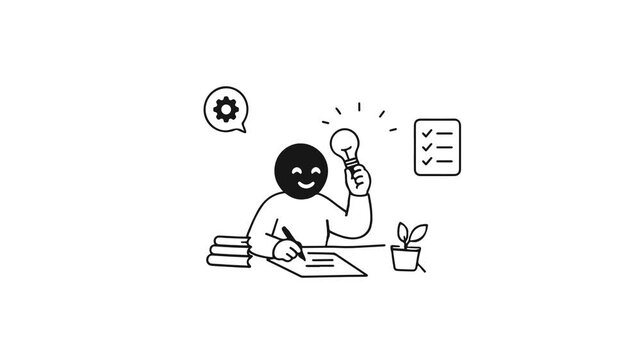 Animated character writing document while holding a glowing light bulb for business idea. Simple line art motion graphic for creativity, strategic planning, and innovation concept.