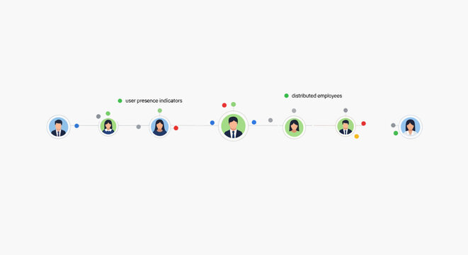 Remote Team Network Illustration with Distributed Employees and User Presence Status Indicators for Digital Collaboration and Human Resources Management Concept
