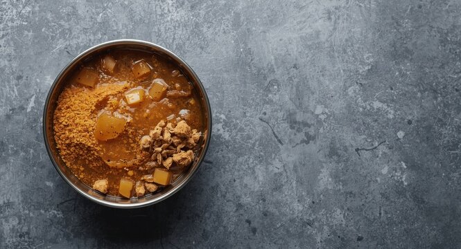 Bowl of natural kithul jaggery and treacle sweeteners on gray surface with copy space for text