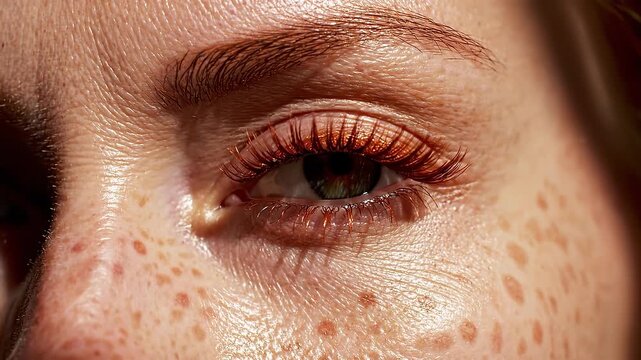 Close up of a green eye with copper mascara and freckled skin. The eye blinks, showcasing long lashes and natural skin texture in bright light. Perfect for beauty commercials or skincare ads.