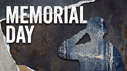 Fototapeta premium Silhouette of soldier saluting on Memorial Day. Denim fabric collage representing military service and sacrifice. Grunge metal background texture. Patriotic tribute honoring fallen hero.