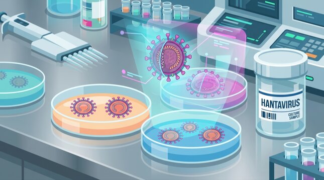 Modern hantavirus pandemic concept with laboratory symbols and glowing virus cells. Abstract medical poster about epidemiology and public health protection.