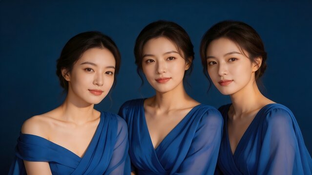 Three women in blue dresses posing
