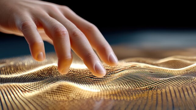 Cinematic shot of a hand touching a 3D architectural hologram made of golden light lines, dark studio background, sharp focus on the fingers