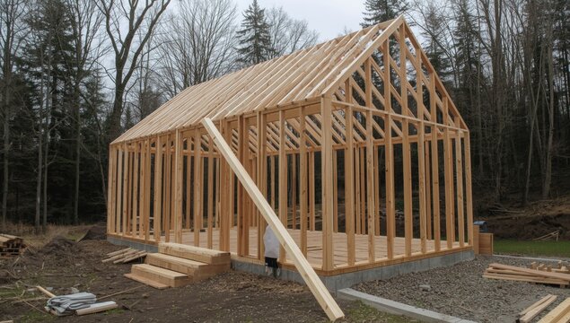 Wooden House Skeleton Under Construction Early Development Phase, Outdoor Setting