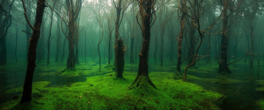 Aquatic ecosystem view of a swamp with underwater drowned trees and green algae