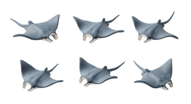 group of gray toy manta rays isolated on white background multiple angles education design and marine related content