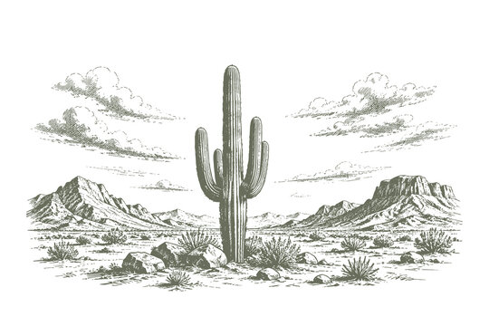 Classic engraving style vector illustration of a tall saguaro cactus growing in an arid desert valley with rocky hills and mountain ranges