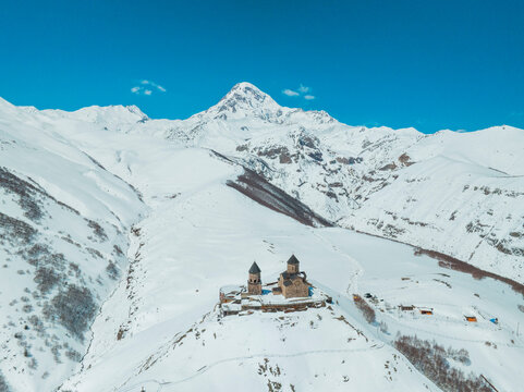 Winter Landscape of Gergeti Trinity Church Georgia