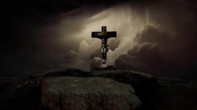Dark dramatic scene of a Christian crucifix standing on rocks with stormy clouds and heavenly light beams. Ideal for Good Friday, crucifixion, Easter, and spiritual content.