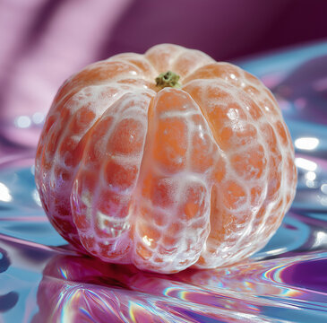 Macro peeled mandarin with glossy condensation on an iridescent holographic background. Food photography for packaging design, menu art, and social media advertising.