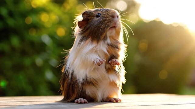 Fluffy Guinea Pig Standing Tall Outdoors in Sunlight