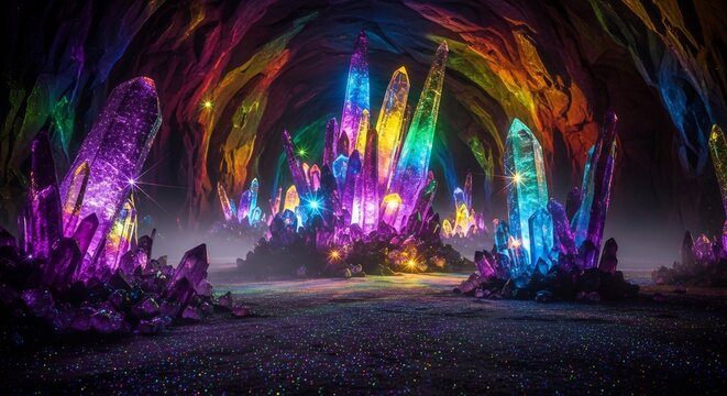 Enchanting Crystal Cave with Vibrant Luminescent Formations.