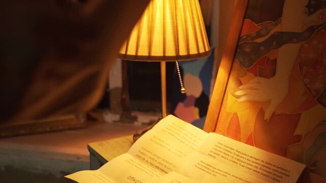Man's hand turns on table lamp with a bright light. There is letter and picture on the table