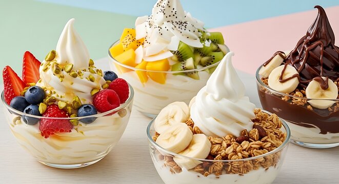 Three different bowls of sweet frozen yogurt topped with fresh fruit granola and tasty chocolate. yaourts