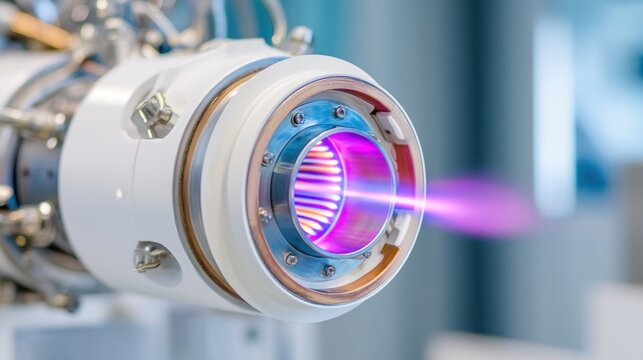 Extreme close up of an ion thruster nozzle, intense violet plasma glow, high tech white ceramic housing with heat stains, aerospace engineering