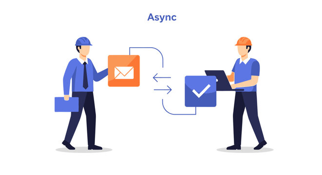 Asynchronous Communication Concept Illustration with Engineers Collaborating via Email and Feedback Loops for Remote Work Efficiency