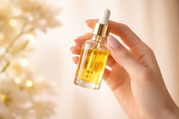 Fototapeta premium Yellow oil dropper contained in a clear jar held delicately by a feminine hand with beauty theme and copy space