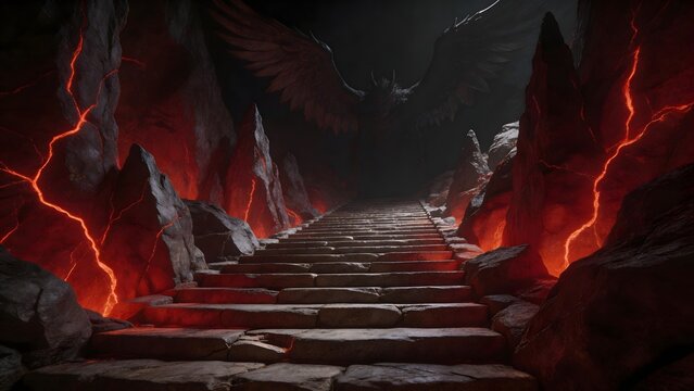 Staircase in a fiery cavern with wings