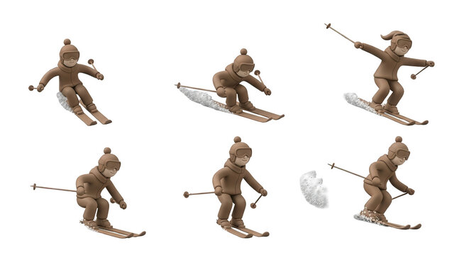3d illustrated child skiing down snow covered slope on white background skiing poses for educational usage