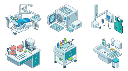 Fototapeta premium Dental Clinic Equipment and Dentistry Workspace Isometric Vector Illustration Set
