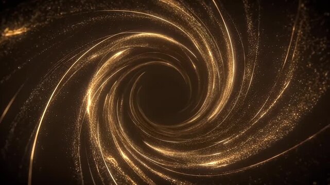 Abstract golden particle spiral swirl on black background
